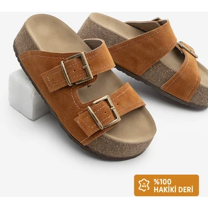 Kadın Hakiki Deri Çift Bantlı Mantar Yüksek Taban Günlük Terlik Roneta