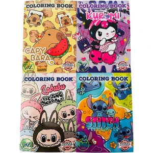 4'lü Boyama Labubu Kuromi Capybara Stitch Stickerlı Maskeli Boyama Kitapları