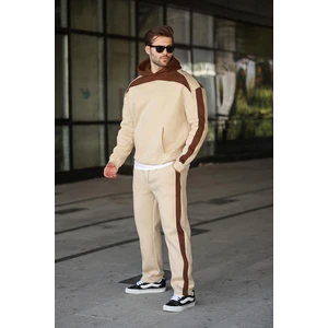Bej Kapüşonlu Şerit Detaylı Erkek Eşofman Takımı E7326
