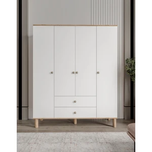 Bergama 4 Kapaklı Gardrop 2 Çekmeceli MDF Beyaz Renk Modern Tasarım