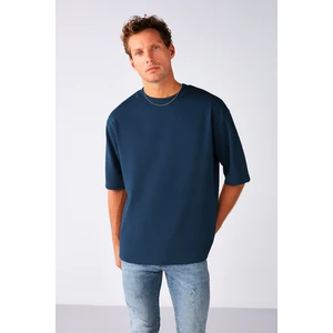 Erkek Lacivert Oversize Bisiklet Yaka %100 Organik Pamuk Düz Basic Yazlık T-Shirt