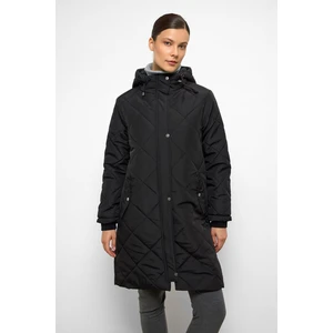 Kapüşonlu Fermuar Kapamalı Ribana Detaylı Kapitone Mont Siyah 6776