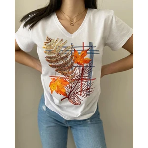 Önü Yaprak Desenli Pul Payetişli Kadınt-Shirt