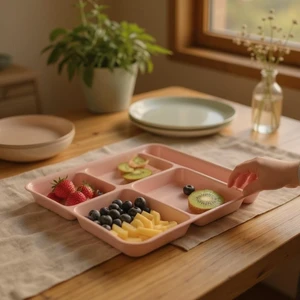 Holly Home Tabldot 5 Bölmeli Lüks Plastik Piknik Tablot Yemek Servis Tabağı Pudra 21 x 31 x 3,5 (H) cm