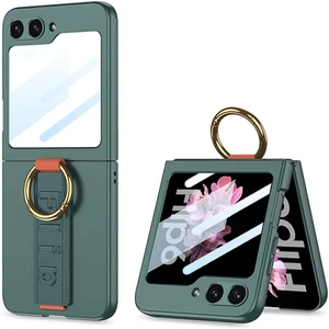 Galaxy Z Flip 6 Kılıf Kamera Korumalı Yüzüklü Karbon Tasarımlı Xemu Flip Ring Kıpta Kapak-Gri-Yeşil