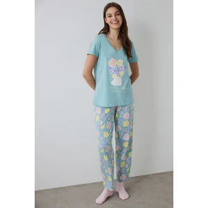 Mint Yeşili With Love Çiçek Desenli Pamuklu V Yaka Kısa Kollu Pijama Takımı