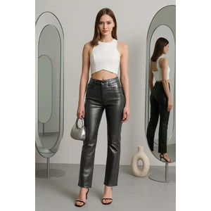 Kadın Yüksek Bel Parlak Mum Kumaş Wide Leg Jean Pantolon