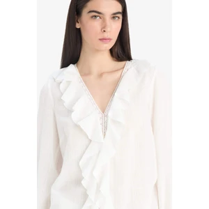 Oversize Geniş Kalıp V Yaka Pamuklu Volanlı Uzun Kollu Bluz F3489AX25SP