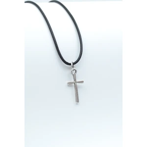 Minimal Haç Gümüş Kaplama Deri İp Kolye