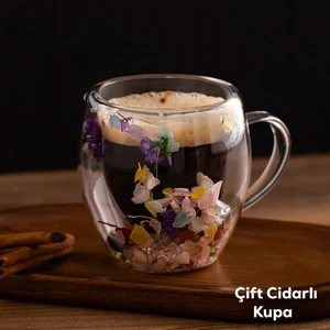 2090 Leafy Çift Cidarlı Cam Kupa Çay Kahve Kupası Isı Yalıtımlı Kulplu Cam Bardak 250ML