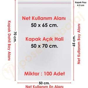 50x65+5 cm.(50x70) 100 Adet Şeffaf Bantlı Yapışkanlı Jelatin Poşet
