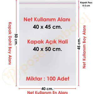 40x45+5 cm.(40x50) 100 Adet Şeffaf Bantlı Yapışkanlı Jelatin Poşet