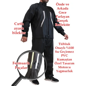 Motorcu Yağmurluk %100 Su Geçirmez Dikişsiz Ön Arka Çift Reflektör Fermuarlı Paçalar Sıcak Frekans Yapıştırma