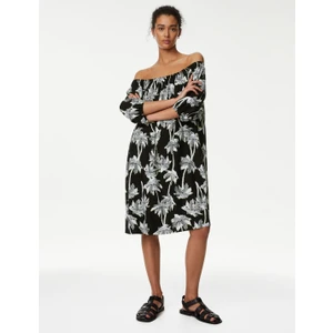 Marks & Spencer Palmiye Desenli Midi Keten Elbise