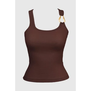 Kahverengi Pamuklu Kalın Askılı Fitilli Toka Detaylı Kadın Atlet