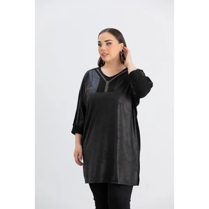 Büyük Beden Taş Detay Örme Bluz Siyah