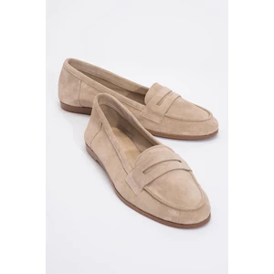 F02 Bej Süet Hakiki Deri Kadın Loafer Ayakkabı