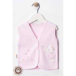 Kız Bebek Ayıcık Nakışlı Organik Pamuklu 0-9 Ay Penye Bebek Yelek