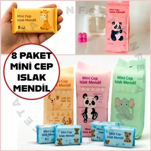 Sevimli Mini Cep Islak Mendil 1 Adet 8 Mini Paketli 64 Yapraklı Mendil