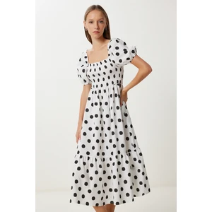 Balon Kollu Desenli  Dokuma Elbise LFG0071 Beyaz Siyah