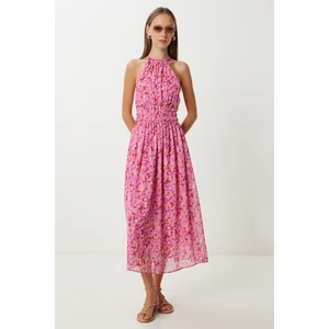 Desenli Midi Şifon Elbise LFG0083 Pembe Sarı