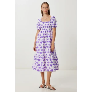 Balon Kollu Desenli Dokuma Elbise LFG0080 Mor Beyaz