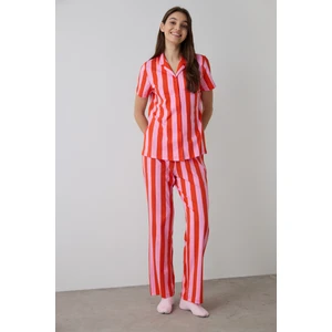 Mercan Chill Days Çizgili Gömlek Yaka Pamuklu  Kısa Kollu Pijama Takımı