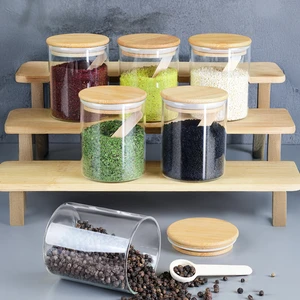 6'lı Bambu Kapaklı Kaşıklı Cam Baharatlık Seti - Vakumlu Cam Kavanoz Baharat Saklama Kabı 200 ml