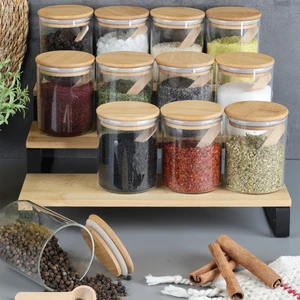 12'li Bambu Kapaklı Kaşıklı Cam Baharatlık Seti - Vakumlu Cam Kavanoz Baharat Saklama Kabı 200 ml