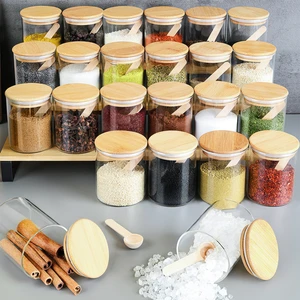 24'lü Bambu Kapaklı Kaşıklı Cam Baharatlık Seti - Vakumlu Cam Kavanoz Baharat Saklama Kabı 200 ml