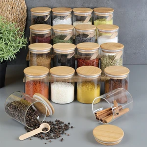 18'li Bambu Kapaklı Kaşıklı Cam Baharatlık Seti - Vakumlu Cam Kavanoz Baharat Saklama Kabı 200 ml