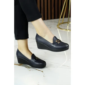 Erkan Saçmacı Dafne Lacivert Hakiki Dana Derisi Tokalı Yuvarlak Burun Dolgu Topuklu Günlük Ayakkabı