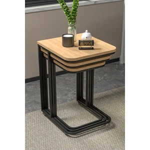 Zigon Sehpa 3'lü Tekerlekli Metal Ayaklı Yan Sehpa Karina Meşe