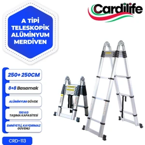 250 + 250 Cm. - 8+8 Basamaklı Alüminyum Teleskopik Merdiven - A Tipi Uzayan Merdiven