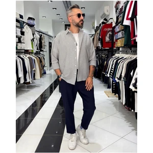 Gofre Kumaş Çizgili Oversize Erkek Gömlek