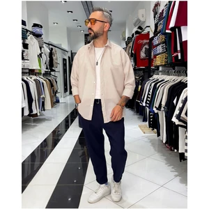 Gofre Kumaş Çizgili Oversize Erkek Gömlek