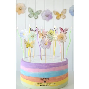 Makaron Kelebek Çiçek Konsept 5 Parça Parti Süsleme Seti Doğum Günü Süsü Pasta Süsü