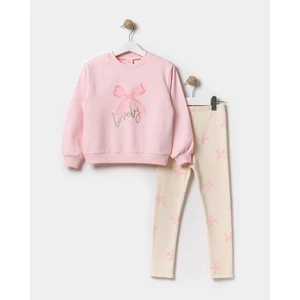 Kız Çocuk Pamuklu Pembe Lovely Baskılı Sweatshirt ve Fiyonklu Tayt Takım