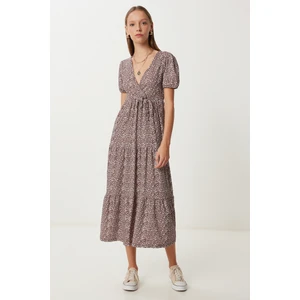 Desenli Volanlı Krinkıl Örme Elbise LUB0166 Kahverengi Ekru