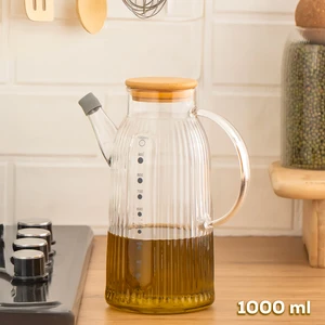 2091 Bambu Kapaklı Vakumlu Ölçekli Borosilikat Cam Yağdanlık Yağlık Sirkelik 1000ML