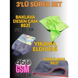 3'lü Mikrofiber Oto Yıkama Seti Kurulama Bezi (450) Gsm- Cam Bezi-Oto Eldiven