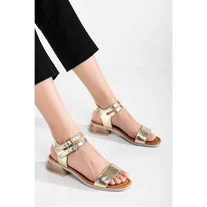 Kadın Hakiki Deri Bantlı Alçak Topuklu Sandalet - Altın