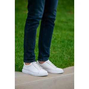 GR0099 Hakiki Deri Ekru Tamamı Beyaz Renk Yüksek Eva Taban Hafif Sneaker Erkek Ayakkabı