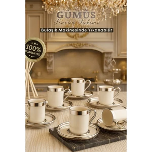 Gümüş Yaldızlı 6 Kişilik Porselen Fincan Seti 12 Parça Türk Kahvesi Takımı Kahve Fincanı 100 ml