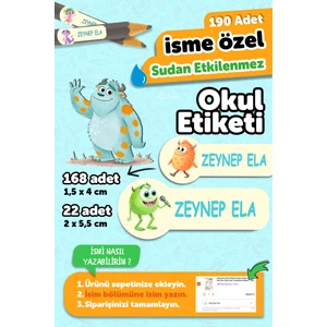 Okul Etiketi Kalem Defter Isimli Etiket Isim Yazılabilen Tatlı Canavarlar - 190 Adet Özel Tasarım