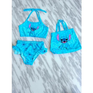 Kız Çocuk Karakter Baskılı Eteği Fırfırlı- Ip Bağlamalı Çanta Mayo Bikini 3 Lü Takım