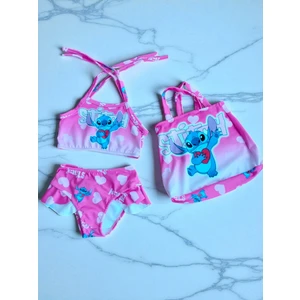 Kız Çocuk Karakter Baskılı Eteği Fırfırlı- Ip Bağlamalı Çanta Mayo Bikini 3 Lü Takım