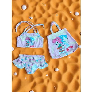 Kız Çocuk Karakter Baskılı Eteği Fırfırlı- Ip Bağlamalı Çanta Mayo Bikini 3 Lü Takım