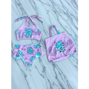 Kız Çocuk Karakter Baskılı Eteği Fırfırlı- Ip Bağlamalı Çanta Mayo Bikini 3 Lü Takım