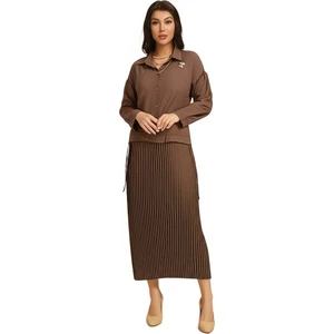 Kadın Tesettür Takım Pamuklu Keten Kumaş Kolyeli Gömlekli Etekli Oversize OPKTT25SRNMOD44